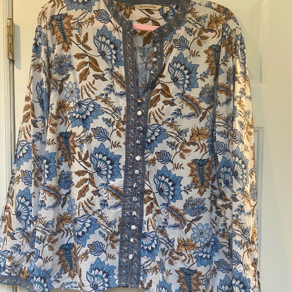 Blue and ivory peasant style top from Soft Surroundings